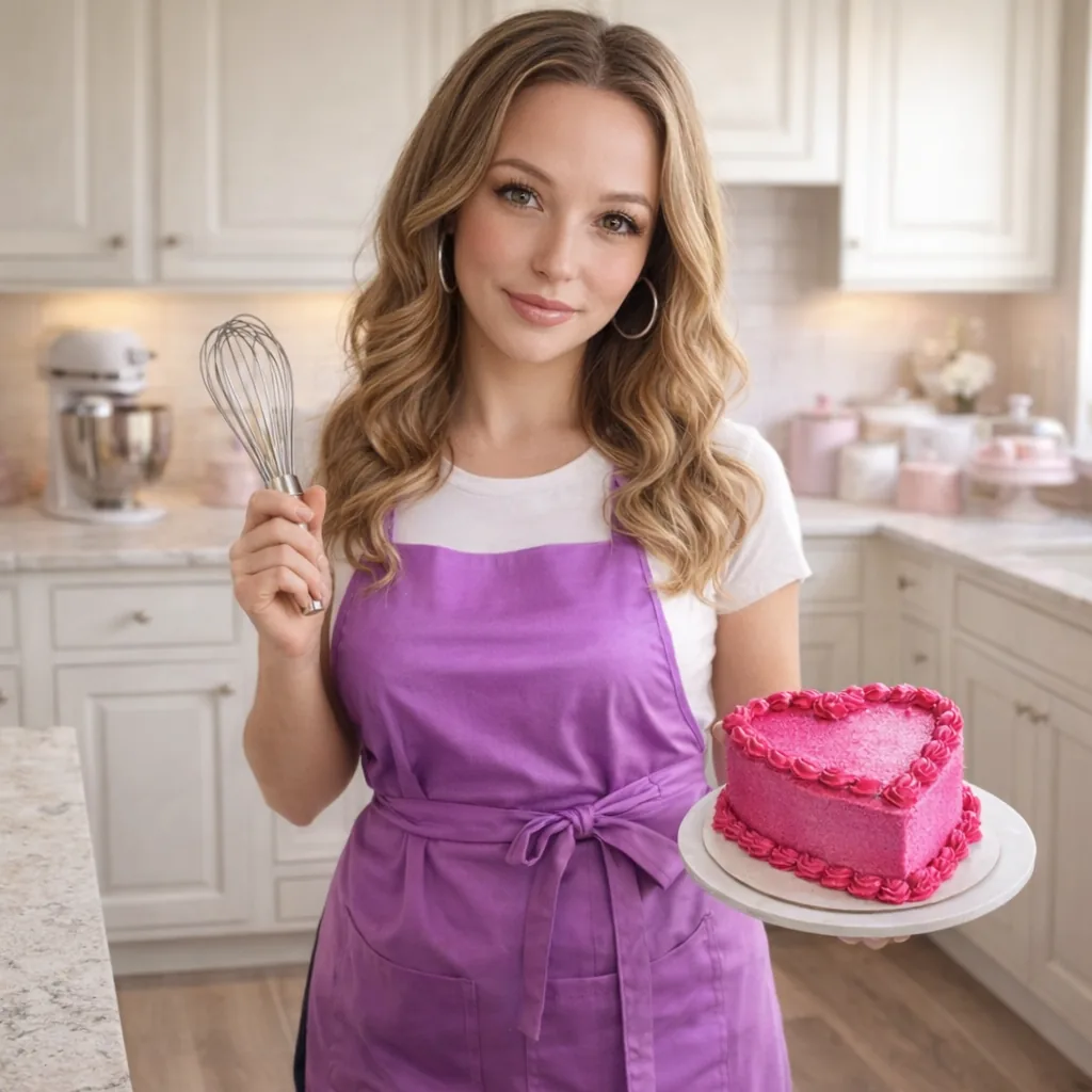Photorealistic baker in a kitchen holding a whisk and a pink heart-shaped cake