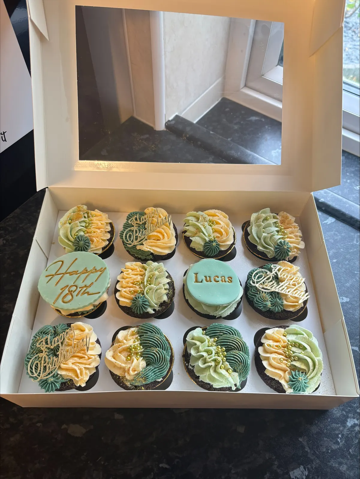 Green and gold 18th cupcakes