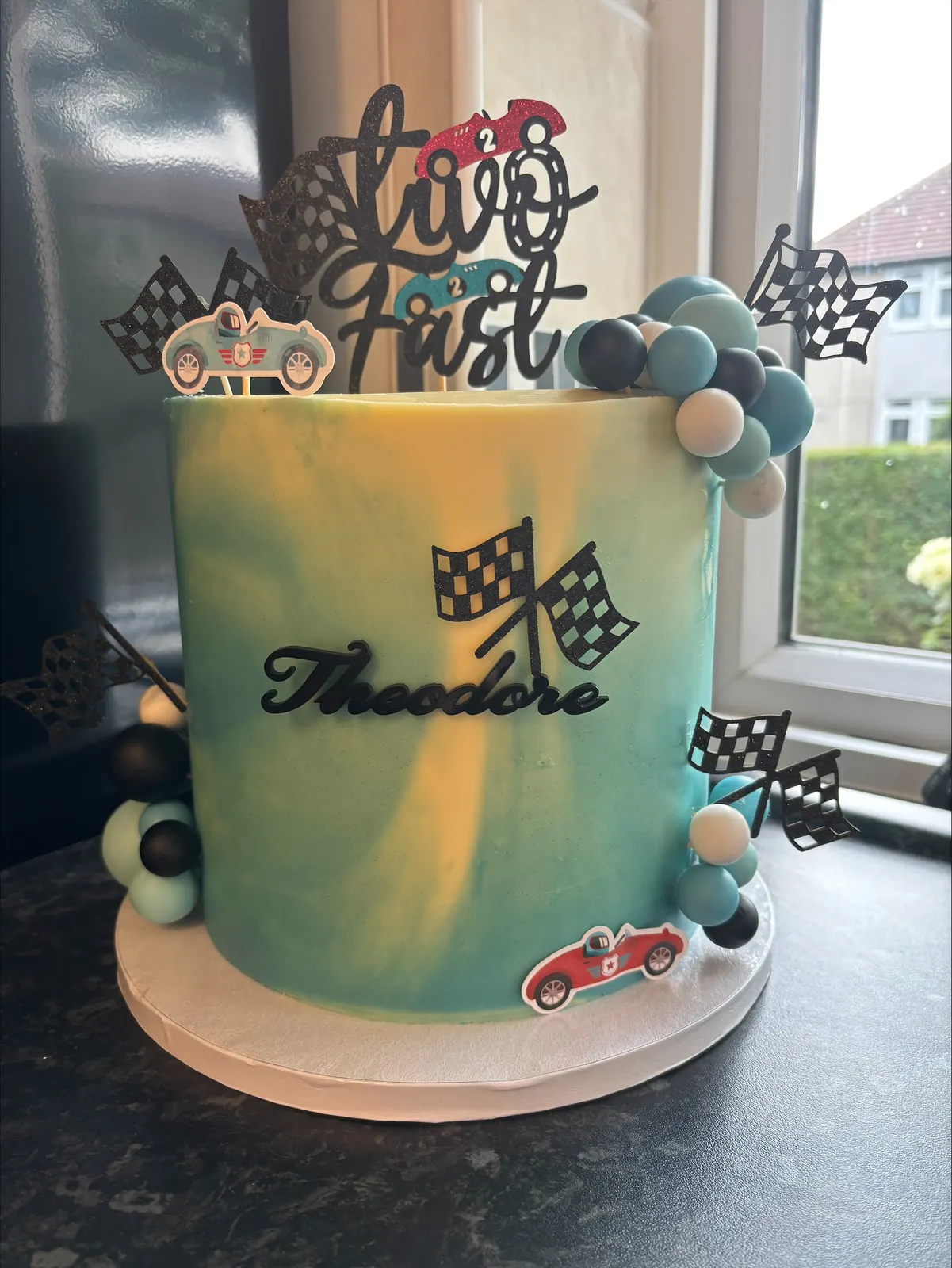 Teal race car 18th cake